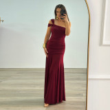 Slash Shoulder Ruched Split Maxi Dress GWSD-D1995154