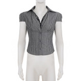 Lace Patchwork V Neck Stripe Shirt GPKJ-MR47213