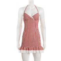 Lace Patchwork Plaid Print Sling Mini Dress GPKJ-MR47170