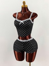 Lace Patchwork Polka Dots Print Two Piece Shorts Set GXIY-K25L1867