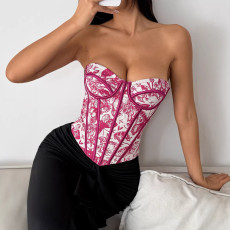 Off Shoulder Print Fishbone Corset Tops GPBY-VE731