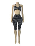 Polka Dots Print Wrap Chest Top Fifth Pants 2 Piece Set CH-26103