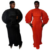 Lantern Sleeve Press Pleated Maxi Dress YF-10977