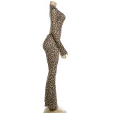 Leopard Print Long Sleeve Backless Jumpsuit GYME-K6Q01512A