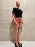 Rivet-Embellished Waist Chain Denim Short LA-6010