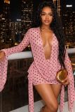 Polka Dot Print Deep V Neck Mini Dress QXLB-10165
