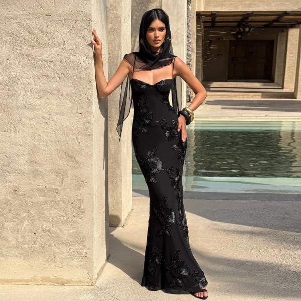 Sexy Sling Backless Mesh Maxi Dress BY-7672