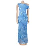 Sleeveless Mesh Print Slash Shoulder Maxi Dress BY-7670