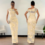Sleeveless Mesh Print Slash Shoulder Maxi Dress BY-7670
