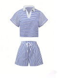 Plus Size Stripe Short Sleeve Two Piece Shorts Set ZDF-33523