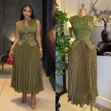 Sleeveless Vest Print Press Pleated Long Skirt Suit GCNE-73852