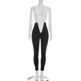 Color Block Deep V Neck Tie Up Jumpsuit GDSF-J26JP099