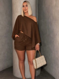 Solid Color Slash Neck Two Piece Shorts Set QYMF-M603