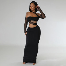 Mesh See Through Mesh Patchwork Maxi Dress YF-20045