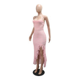 Ruffles Solid Color Sling Split Midi Dress CYA-902297