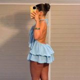 Solid Color Halterneck Backless Vest Shorts 2 Piece Set GZJQ-K6S03135A