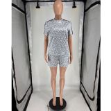Short Sleeve Print Top Sport Two Piece Shorts Set FOSF-8826