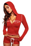 Letter Print Zipper Hooded Tops Two Piece Short Set YWXS-K26L2128-K26L2473