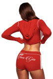 Letter Print Zipper Hooded Tops Two Piece Short Set YWXS-K26L2128-K26L2473