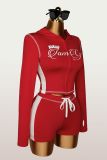 Letter Print Zipper Hooded Tops Two Piece Short Set YWXS-K26L2128-K26L2473