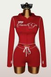 Letter Print Zipper Hooded Tops Two Piece Short Set YWXS-K26L2128-K26L2473