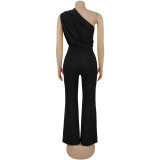 Slash Shoulder Solid Color Loose Jumpsuit BY-7578