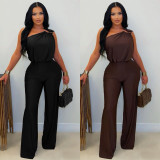 Slash Shoulder Solid Color Loose Jumpsuit BY-7578