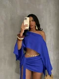 Slash Neck Off Shoulder Tie Up Two Piece Skirts Set QYMF-A740