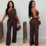 Slash Shoulder Solid Color Loose Jumpsuit BY-7578