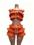Casual Ruffles Knits Tie Up Beach 2 Piece Shorts Set CM-60412