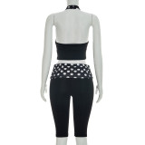 Polka Dots Print Halterneck Backless Seventh Pants Two Piece Set MXBF-J26ST130