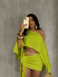 Slash Neck Off Shoulder Tie Up Two Piece Skirts Set QYMF-A740