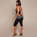 Polka Dots Print Halterneck Backless Seventh Pants Two Piece Set MXBF-J26ST130