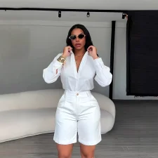 Lapel Solid Color Shirt Two Piece Short Set BMF-860