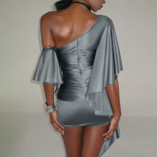 Slash Shoulder Ruffles Mini Dress XEF-K6D06712A