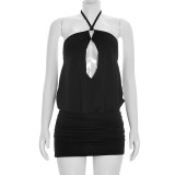 Solid Color Halterneck Hollow Out Mini Dress GDSF-D26DS099