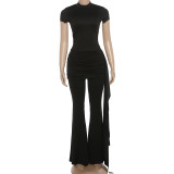 Solid Color Short Sleeve Tops Two Piece Pants Set GZJQ-K6S07020A