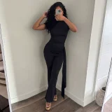 Solid Color Short Sleeve Tops Two Piece Pants Set GZJQ-K6S07020A