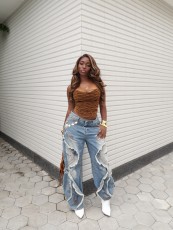 Plus Size Wave Edge Holes Jeans GYLN-1836