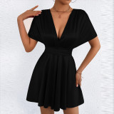 V Neck Solid Color Mini Dress YMYF-9573