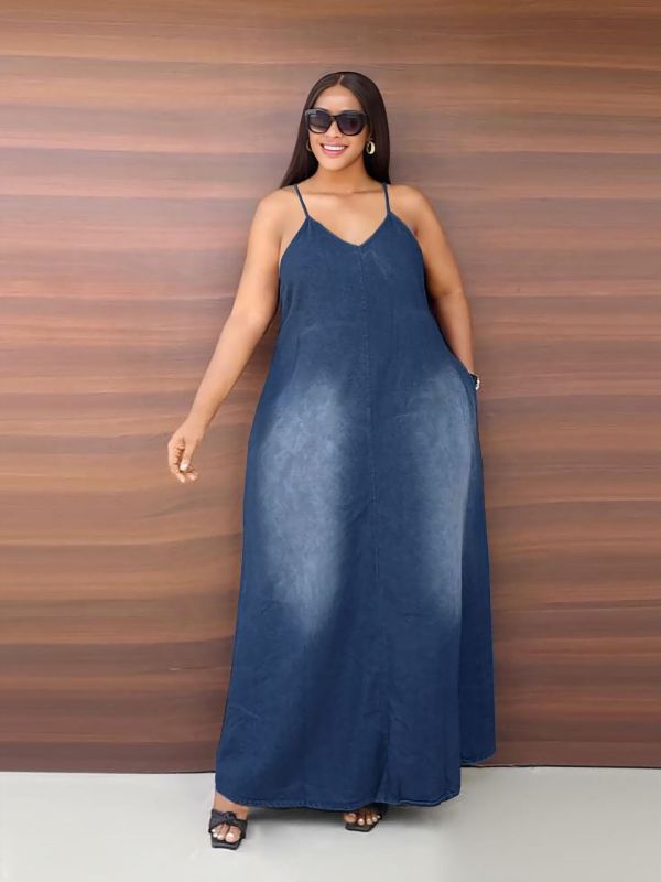 Plus Size Casual Sling Loose Denim Maxi Dress GYLN-0615