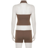 Solid Color Halterneck Top Short 2 Piece Set GPKJ-MR48703