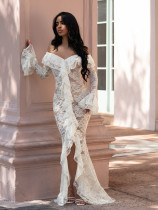 Lace V Neck Long Sleeve Maxi Dress AIL-348