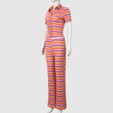 Stripe Lapel Tops Two Piece Pants Set GYHF-32598SBY