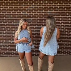 Casual Denim Sleeveless Two Piece Shorts Set GMYT-803
