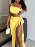 Solid Color Single Shoulder Split Long Skirt 2 Piece Set HNIF-YY028