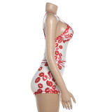 Lips Print Sling Tight Two Piece Short Set GZJQ-K6S06633A