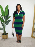 Color Blcok Short Sleeve Slim Midi Dress BMF-873