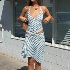 Stripe Backless Tie Up Top Two Piece Skirts Set GFRT-32645SBY
