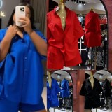 Solid Color 3/4 Sleeve Loose Shirt Shorts Suit GADE-93641